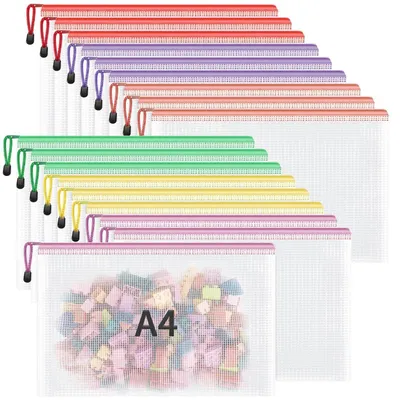 Image de Pochettes de documents format A4, lot de 18, 6 couleurs, avec fermeture éclair, en filet PVC
