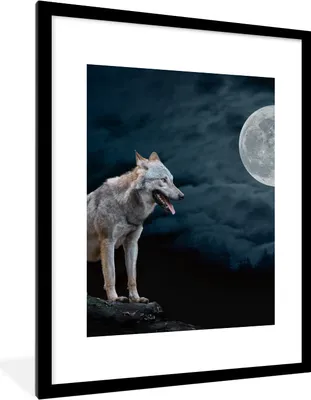Produktbild von MuchoWow® Gerahmtes Poster Wolf - Mond - Nacht - Tiere - Porträt 60x80 cm - Poster mit Schwarzem Bilderrahmen Wandposter Rahmen Foto Bilder - Wohnzimmer - Dekorationen - Prämie