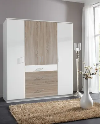 Produktbild von Kleiderschrank "Click" aus Spanplatte in Weiß mit 3 Schubladen und 4 Türen. Abmessungen (B/H/T) 180x198x58 cm
