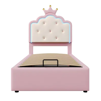 Produktbild von Flieks Polsterbett 90x200cm mit Kronenförmigem Kopfteil, Hydraulisches Stauraumbett Jugendbett Kinderbett mit LED, Einzelbett PU, Rosa