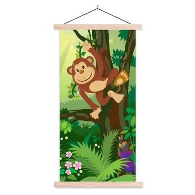 Produktbild von MuchoWow® Textilposter Affe - Dschungel - Jungen - Mädchen - Blumen - Kinder 40x80 cm mit holzfarbenen Rahmen - Wohnzimmer