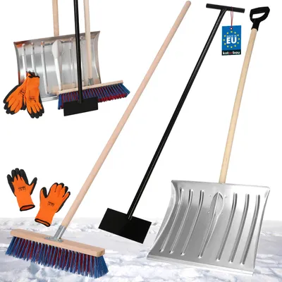 A collection of snow removal tools including shovels, a broom, and gloves, arranged on a snowy surface.