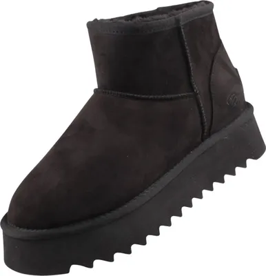 Auf dem Bild ist ein schwarzer Stiefel abgebildet der von der Außenseite betrachtet wird. Der Stiefel hat eine elegante Form und eine strukturierte Oberfläche.
