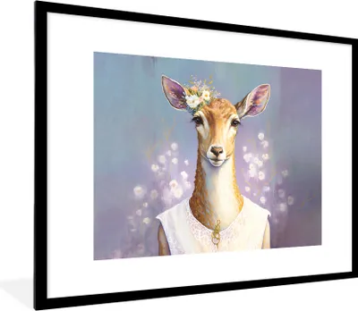 Produktbild von MuchoWow® Gerahmtes Poster Hirsche - Blumen - Gemälde - Porträt - Tiere 80x60 cm - Poster mit Schwarzem Bilderrahmen Wandposter Rahmen Foto Bilder - Schlafzimmer-Dekorationen - Fotoposter