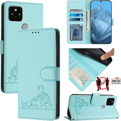 Produktbild von Leder Hülle für Google Pixel 5 Süße Katze Flip Case Brieftasche Schutzhülle mit Standfunktion hellgrün