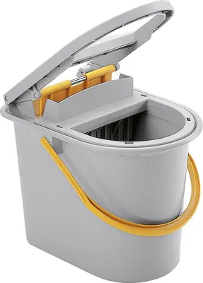 A light gray mop bucket with a yellow handle and wringer mechanism.
