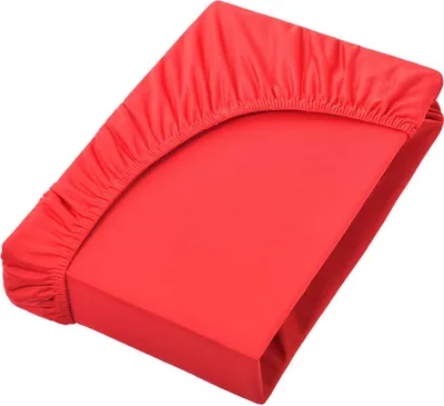 A red fitted sheet is folded and presented on a white background.
