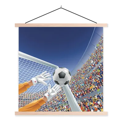 Produktbild von MuchoWow® Textilposter Eine Illustration eines Torwarts, der den Fußball stoppt - Junge - Mädchen - Kind 40x40 cm mit holzfarbenen Rahmen - Posterleiste