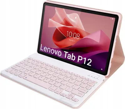 A pink Lenovo Tab P12 tablet with a pink keyboard case attached, shown from a diagonal angle against a white background.