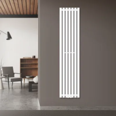 A modern living room with a white vertical radiator mounted on a gray wall.