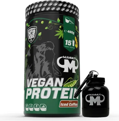 Produktbild von Mammut Nutrition - Vegan Protein 460 g Dose - 15 Portionen Eiweiß + GRATIS Powderbank, Geschmack: Iced Coffee