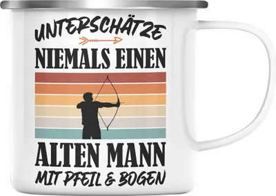 Produktbild von Trendation - Bogenschießen Geschenk Erwachsene Emaille Tasse Unterschätze Niemals Einen Alten Mann mit Pfeil und Bogen Männer Bogensport Archery (Silber)