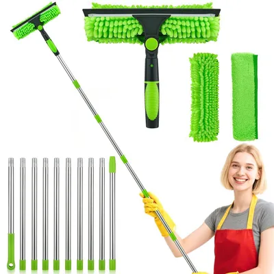 Image de Kit de nettoyage de fenêtres télescopique de 4,5 mètres, comprenant une raclette en silicone et une brosse en microfibre