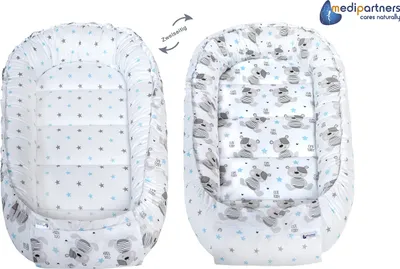 Produktbild von Babynestchen 5tlg Babynest Babydecke Steckkissen Kuschelnest Einschlagdecke Baumwolle 90x50 Teddybär mit Hellblauen Minky