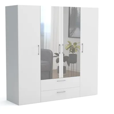 Produktbild von Kleiderschrank WIMBLEDON 200 WHITE 200x60x200 cm – mit Spiegel, Schubladen & Kleiderstange – moderner Mehrzweckschrank für Schlafzimmer, Ankleide