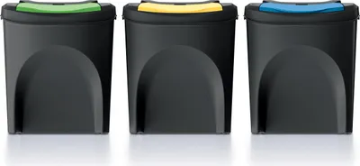 Three black recycling bins with different colored lids (green, yellow, blue) are lined up against a white background.