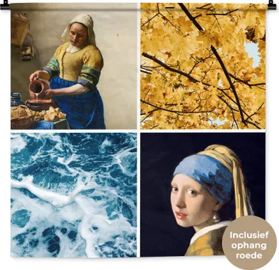 Produktbild von MuchoWow® Wandteppich Wandbehang Milchmädchen - Mädchen mit Perlenohrring - Collage 90x90 cm Tapisserie Dekoration Wandtuch - Wandaufhänger