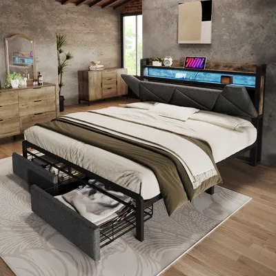 A bedroom scene featuring a bed with storage drawers and LED lighting.