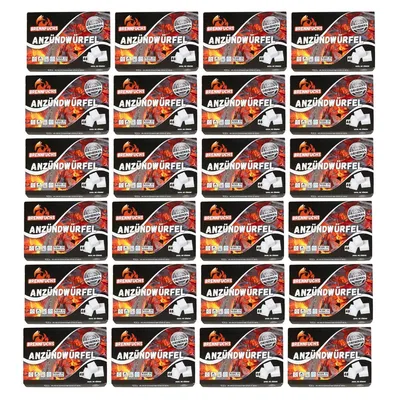A grid of product packaging for fire starters.