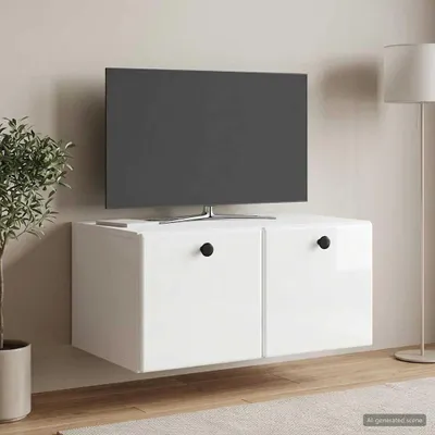 Zdjęcie produktu dla Maison Exclusive – szafka pod telewizor do montażu na ścianie 59,5 x 41 x 30 cm, biała, z wykończeniem na wysoki połysk