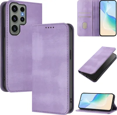 Produktbild von Handyhülle für Samsung Galaxy S23 Ultra, Vintage Leder RFID Schutz Kartenfach Standfunktion Magnetische Klapphülle Violett