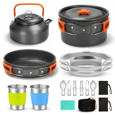 Obrázek produktu pro 18-dílná kempingová sada nádobí s oranžovými rukojeťmi, sada nádobí pro outdoorové aktivity, kempování a turistiku
