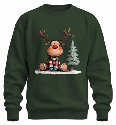 Obrázok produktu pre Rudolf Rentier, Vianoce, Vianočný mikina s motívom vianočného stromčeka, tmavozelená, veľkosť S