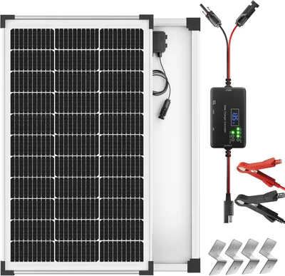 Imagen del producto de Kit de panel solar de 100W - 12V, monocristalino, con cargador y mantenedor de batería, y regulador PWM de 20A, para vehículos