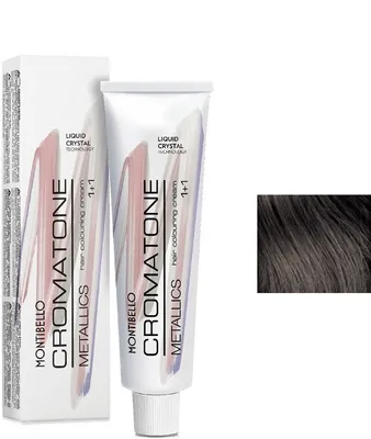 A product shot of Montibello Cromatone Metallics hair coloring cream and its box, next to a swatch of the resulting hair color.