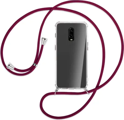 Produktbild von Handykette Backcover-Schutzhülle mit Band (Metall silberfarben) für OnePlus 6T, OnePlus 7 - dunkelrot