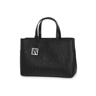 A black Armani Exchange tote bag with embossed branding and a silver logo charm.