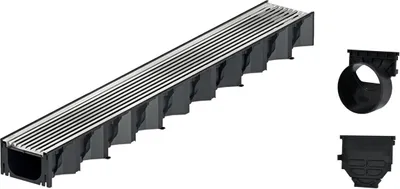 Produktbild von 1m ACO Hexaline 2.0 Entwässerungsrinne mit Edelstahl Längsstab Stegrost Ablauf horizontal Bodenrinne Terrassenrinne