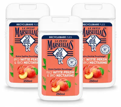 Imagen del producto de 3 unidades de gel de ducha Le Petit Marseillais, fórmula orgánica con melocotón y nectarina, 250 ml. Paquete económico