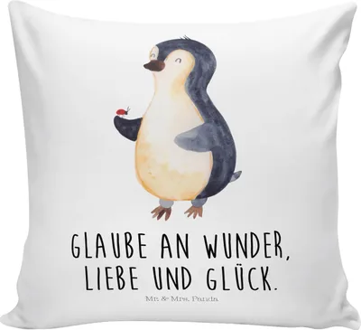 Produktbild von Mr. & Mrs. Panda Dekokissen Sofa Pinguin Marienkäfer - Weiß - Geschenk, Kleine Wunder, couch kissen, 40x40, Kuschelkissen, Liebe, Polster, Aufmerksam