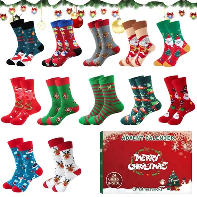 Adventskalender mit 12 Paar Weihnachtssocken, 24 Tage, Unisex
