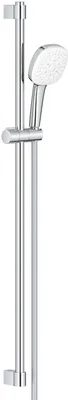 A chrome shower head and rail set against a white background.