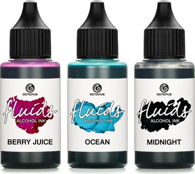 Produktbild von 3x 30ml Octopus Fluids Alcohol Ink Set MIDNIGHT, OCEAN, BERRY JUICE Alkoholtinte für Fluid Art und Resin