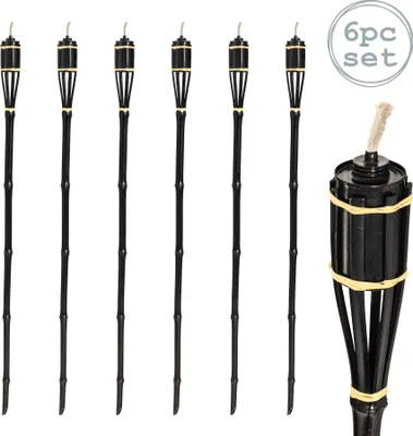 Produktbild von Harbour Housewares 6 Stück Bamboo Garden Tiki Torch Set - 114cm traditionelle Art Paraffinöl Feuer Fackeln - Schwarz