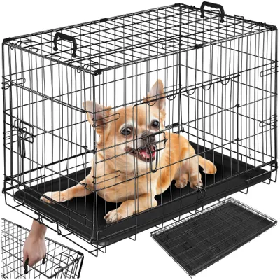 A chihuahua dog is inside a black wire dog crate. A hand is shown reaching for the crate's handle.