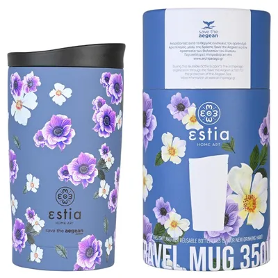 Produktbild von Estia Isolierbecher Kaffeebecher Thermobecher lila weiß Edelstahl 350ml Becher geblümt