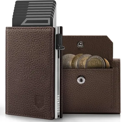 Productafbeelding van Slanke portemonnee voor heren met extra groot muntvak, RFID-bescherming, echt leer, bruin/zilver