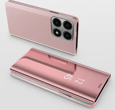 A rose gold smartphone with a clear view flip case is shown from two angles against a light gray background.