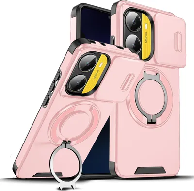 Produktbild von Handyhülle für Xiaomi Poco X7 Pro/Redmi Turbo 4 Dual-Layer Stoßfest Militär Hülle mit Dia Kameraschutz und Magnetisch Ring Ständer Pink