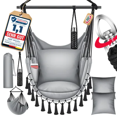 Produktbild von KESSER® Hängesessel mit 2 Kissen Getränkehalter & Bücherfach - Safari XXL Hängestuhl für Erwachsene & Kinder Hängematte bis 150 kg Hängesitz Aufhängung Indoor & Outdoor Wohn & Garten Terrasse