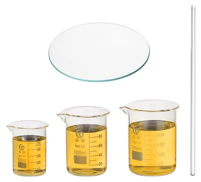 Glasbecher 250 ml, Borosilikatglas, Messbecher mit Rührstab und Uhrglas