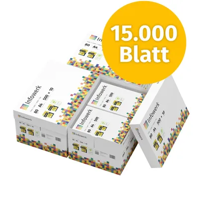 Produktbild von Infowerk Druckerpapier Kopierpapier 15000 Blatt 30 x 500 A4 80g Premium Weiß PEFC