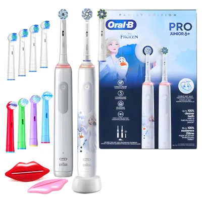 Produktbild von Oral-B Family Edition Pro 3 + Junior Frozen – elektrische Zahnbürsten – 3 Reinigungsmodi – Familien-Set