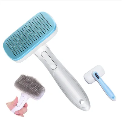 Image de INF Brosse de toilettage pour animaux avec bouton de libération en un toucher — Peigne anti-perte en acier inoxydable et fonction massage pour chiens et chats, plastique, plusieurs couleurs Bleu