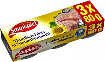 Immagine prodotto di Filetti di tonno Saupiquet in olio di semi di girasole in scatola da 80 g confezione da 3 pezzi