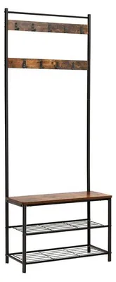 Immagine prodotto di Appendiabiti con ripiano per scarpe, panca e 3 ripiani – Stile industriale – 70 x 175 x 32 cm